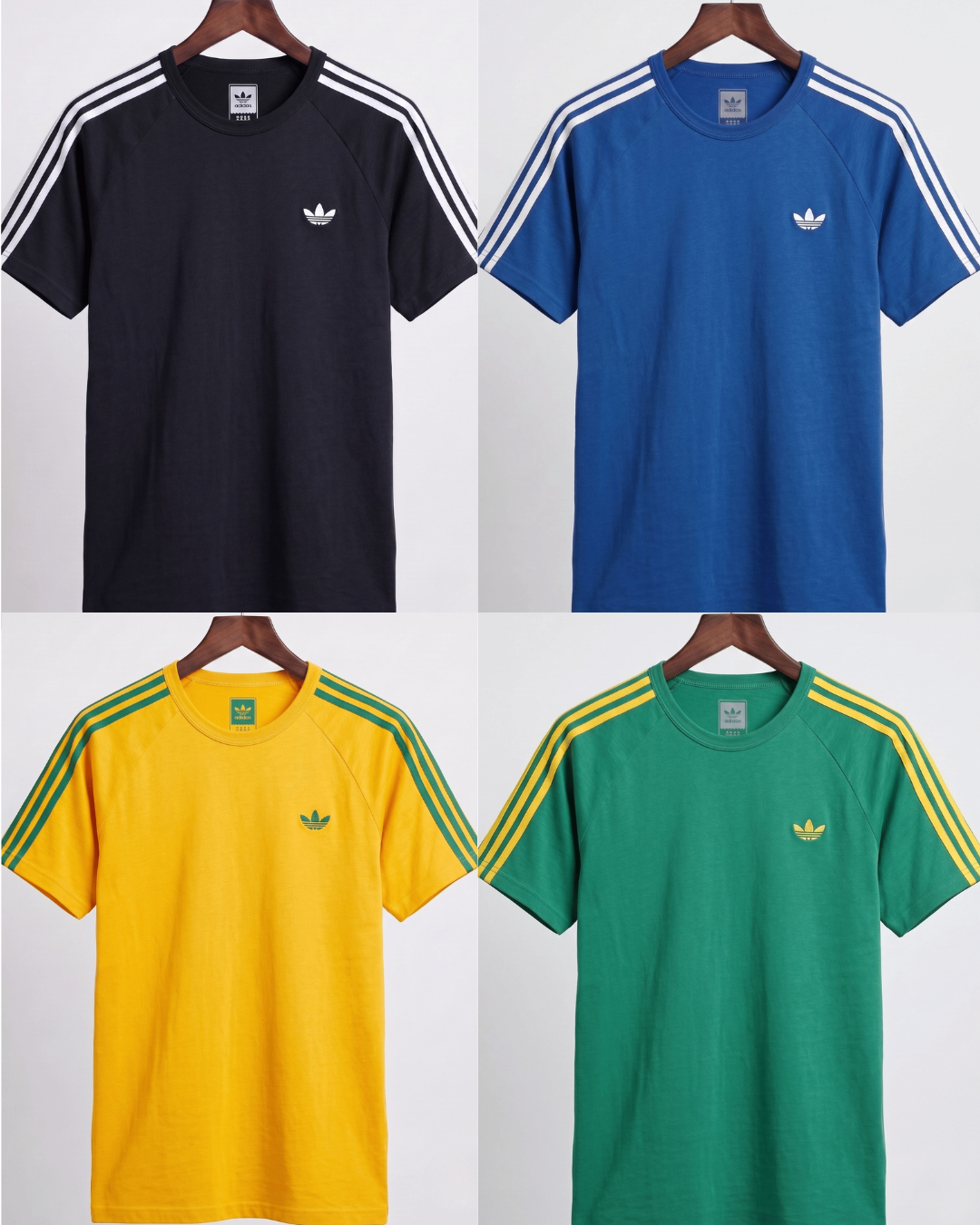 Kit com 4 camisetas especiais retrô nas cores preta, azul, amarela e verde